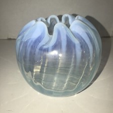 Blue Opalescent Stripes Glass Rose Bowl Antique Victorian