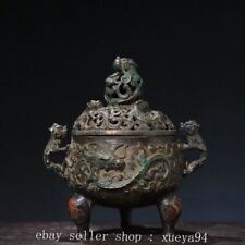 7" Chinese Ancient Bronze Dynasty Dragon Beast 3 Legs Incense Burner Censer