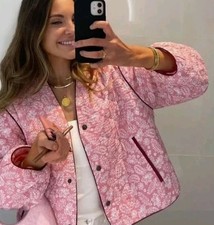 ZARA Printed Pink White Oversized Patchwork Quilted Jacket M Medium 10 12 