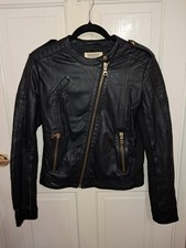 Mango Black Leather Biker Jacket Ladies Womens Size M/12 Medium Gold Colored Zip