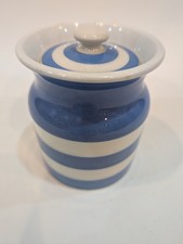 T G Green Cornishware Storage Jar With Lid Blue & White Stripes Green Back Stamp