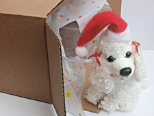 Christmas Hand Made White Poodle Plush Toy Dog 6.5" + Xmas hat & Bell