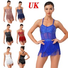 UK Women's Glittery Latin Dance Dress Sleeveless Fringe Leotard Ballroom Dresses