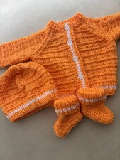 Hand Knitted Baby Cardigan Hat And Booties Set New Born 0-3 Months Orange