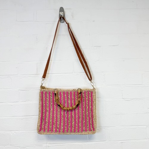 Pink stripe straw tote - pink, bag
