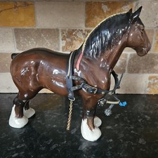 Large Beswick Brown Shire Horse In Gloss With Pink Ribbon & Part Reins