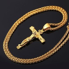 Silver Gold Jesus Christ Necklace Cross Crucifix Pendant Stainless Steel + Pouch