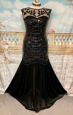 Dress 16 Black Silver Bead Sequin Evening Ballgown Deco Gatsby Vintage Flapper