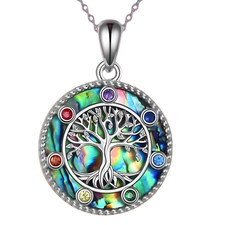Exquisite Tree of Life Abalone Shel Necklace Sterling Silver Colorful Inlay B75