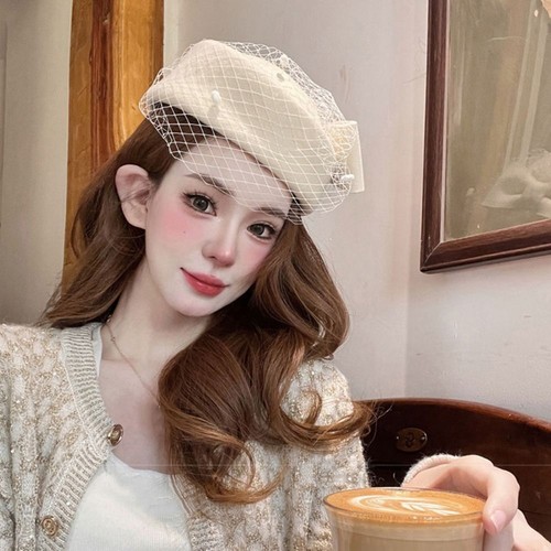 Wool bow hat withveil pillbox - withveil,