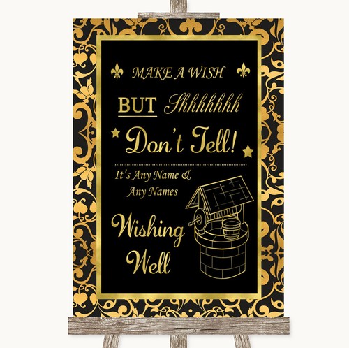 Black gold damask wishing - gold,