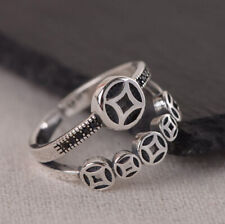 I05 Ring Stylized Coins Silver 925 Black Crystal Adjustable Size
