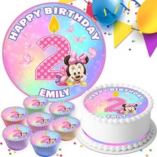 MINNIE MOUSE BIRTHDAY PERSONALISED EDIBLE CAKE TOPPER & CUPCAKE TOPPERS PK376