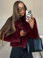 Burgundy Faux Fur Coat Women Vintage Long Sleeve Warm Furry Jacket Autumn Winter