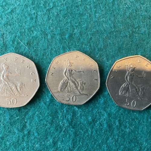 Old 50pence coins dated - x3,