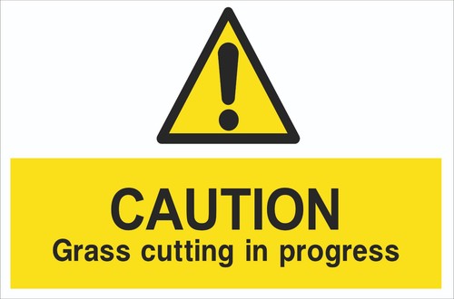Caution sign grass cutting - caution,