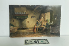 Antique Original Old Oil Painting Porcelain Tile -Family Hearth -Signed, 1868