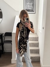 Beige Black Tie Dye Wool Blend Woven Scarf Soft Fringed Wrap Shawl One Size