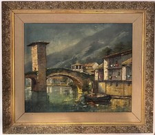 Large antique oil painting on canvas La Muza Bridge- Balmaseda   J.H.Miller