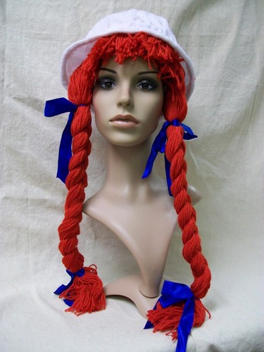 White bonnet red yarn braided - bonnet,