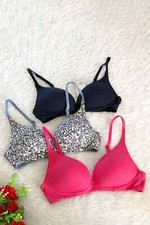 Ex M&S 3 Pack Non-Wired Plunge Bra Blue Grey Pink Floral