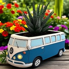12cm Blue Campervan Planter Garden Plant Herb Flower Retro Pot Cement Trough