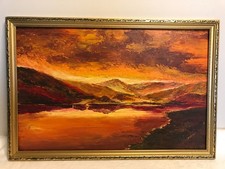 Vintage Original Oil painting on board, unsigned. Red sunset  landscape. Framed.