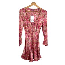Zara Dress Womens Size Small Pink Floral Mini Fit & Flare Ruffle Hem Boho Chic