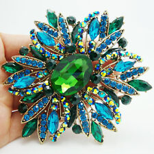 New Elegant Flower Gold Tone Large Brooch Pin Green Rhinestone Crystal