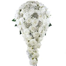 Artificial Wedding Flowers Brides Teardrop Bouquet White Rose Diamante Brooches 