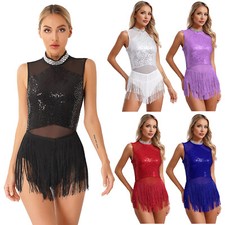 Women's Sequins Fringed Leotard Tassels Latin Dance Dress Samba Ballroom UK