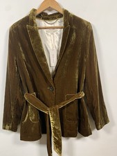 Women’s M&S Per Una Mustard Green Velvet Belted Jacket Blazer Size UK 14