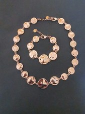 Statement Gold Tone Disc Necklace & Bracelet Set Hammered Metal Look Bold & Chic