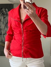 Joseph Ribkoff Women's Red Zip Jacket Stretch Ruched Front 3/4 Sleeve Size 14