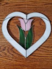 *Vintage stained glass heart suncatcher featuring a pink tulip.