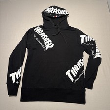 Huf X Thrasher Hoodie Mens Medium Black Pullover Skater Cotton All Over Print