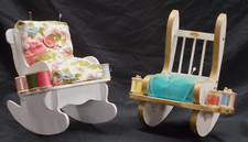 2 VINTAGE UPHOLSTERED WOODEN ROCKING CHAIR PIN CUSHIONS W/THREAD & HAT PINS,VGC