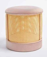 BTFY Rattan Storage Stool - Round Storage Footstool With Lid - Pink Velvet