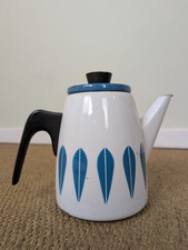 CATHERINE HOLM COFFEE POT TEA LOTUS Blue White Vintage ENAMEL VINTAGE 60S