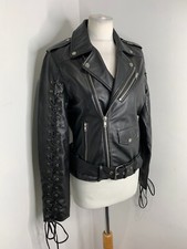 Biker jacket UK 10 VGC black leather asymmetrical lace up café racer belted