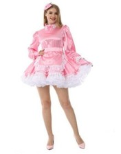 Sissy Maid High Neck Lockable Pink Satin Dress Cosplay Costume Tailor-made