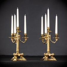 Candelabra Pair | Two Gilded Bronze Empire Candle Holders 1800s Antique | 13.4"