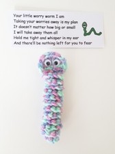 Crochet Worry Worm w Bag+Card, Comfort/Stress Relief/Anxiety/Fidget/Toy