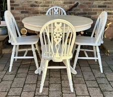 SHABBY CHIC BEECH ROUND TABLE & 4 WHEELBACK CHAIRS. Messsge for delivery quote.