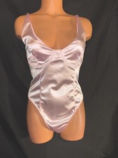Sz L Pink Glossy Satin Stretch  Spandex Bodysuit Teddy Thong Vintage 90s New
