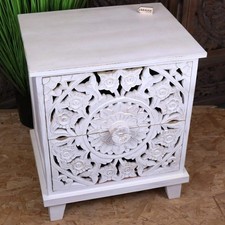 Sohani Wooden Carved Bedside Table Cabinet Distressed White Home Decor Bedroom