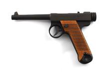 Wooden Rubber Band Shooter Toy Gun Nambu Type 14  w/ Stand Hand Made in Japan