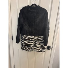Adrienne Landau Real Rabbit Fur Black and White Zebra Print Luxury Coat Small