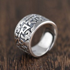 Solid S925 Sterling Silver Mens Heavy Carved Tibetan Mantra Ring Size Adjust UK