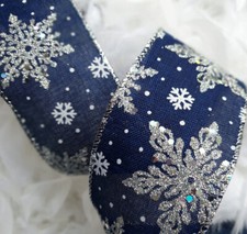 1m  63mm Wired Christmas Ribbon Navy Blue and Silver Sparkly Hologram Snowflakes